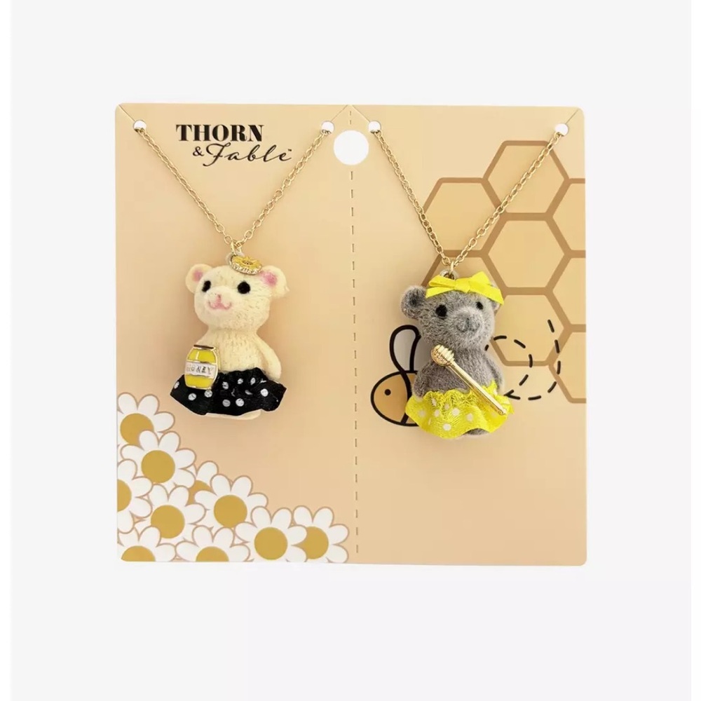 NEW THORN & FABLE fuzzy Honey Bears Friendship Necklaces Gold Tone